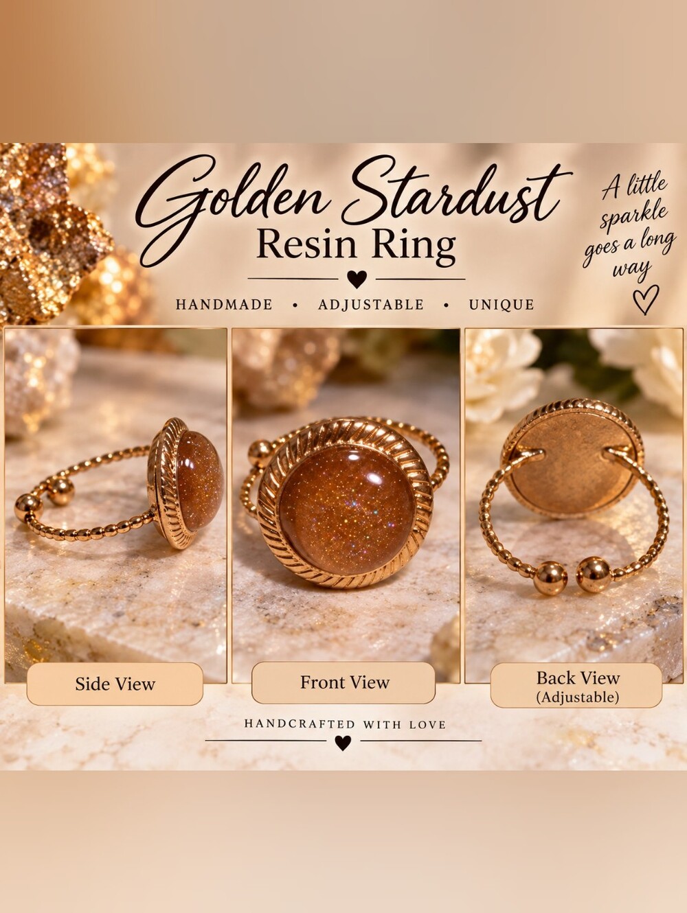 Golden Stardust Adjustable Resin Ring - Gold Sparkle